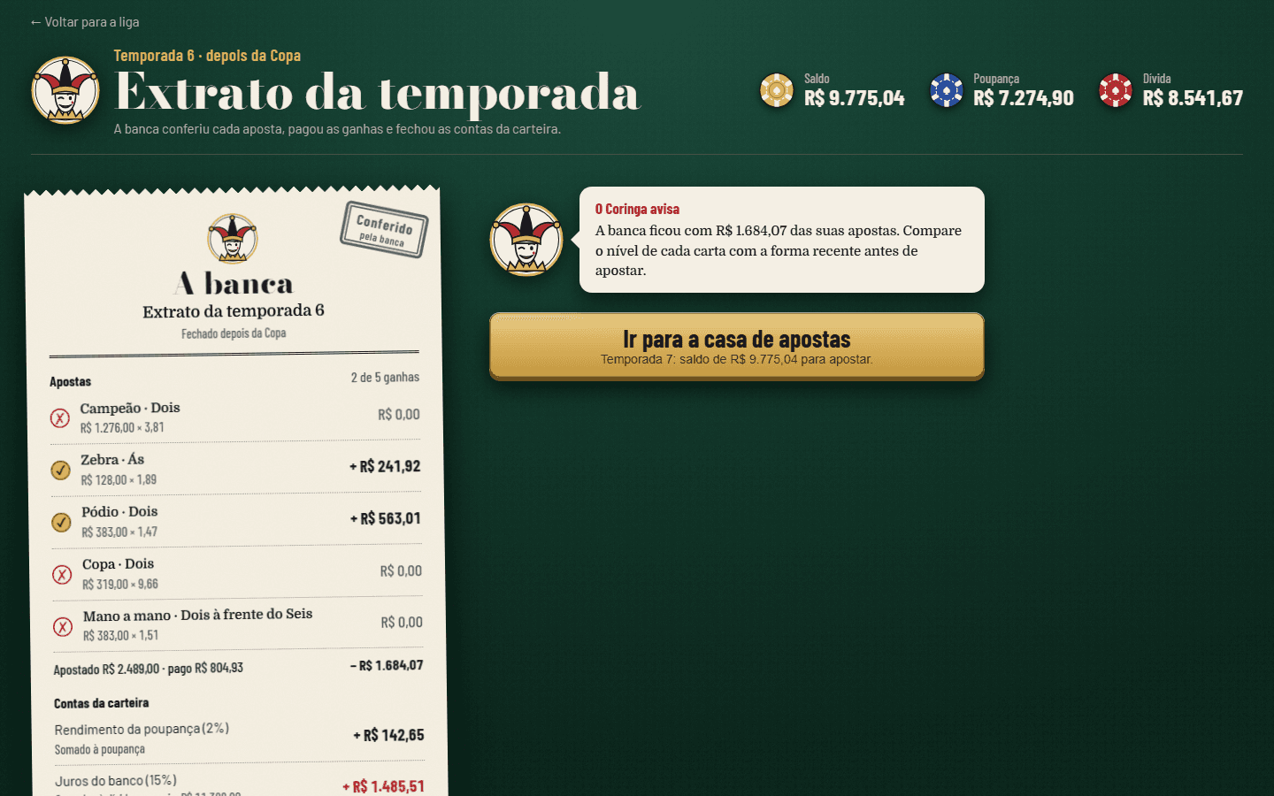 Extrato da temporada em forma de cupom, com cada aposta, o resultado e as contas da carteira